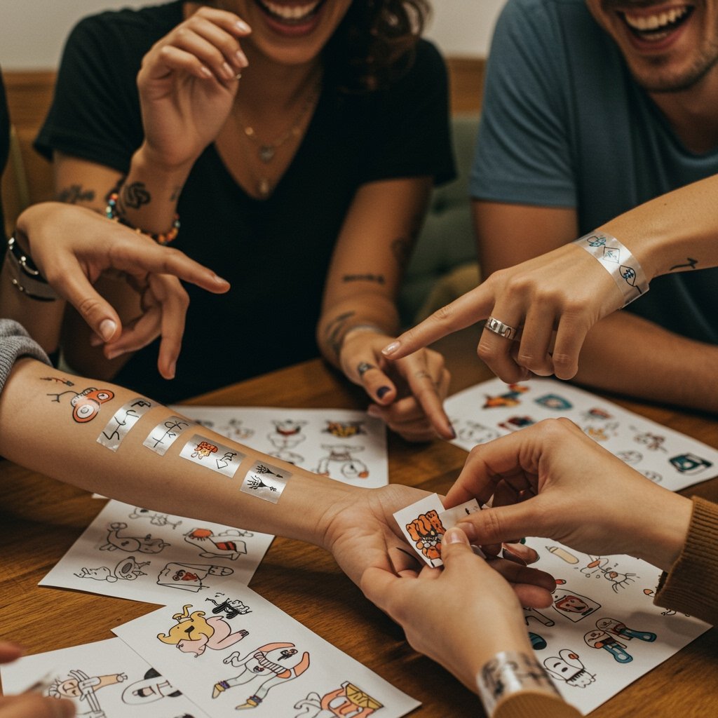Friends Choosing Matching Temporary Tattoos - group party ideas matching temporary temporary tattoos for friends; group temporary temporary tattoo ideas; custom party temporary tattoos - Diverse friends laugh, pointing at unique temporary temporary tattoo design sketches.