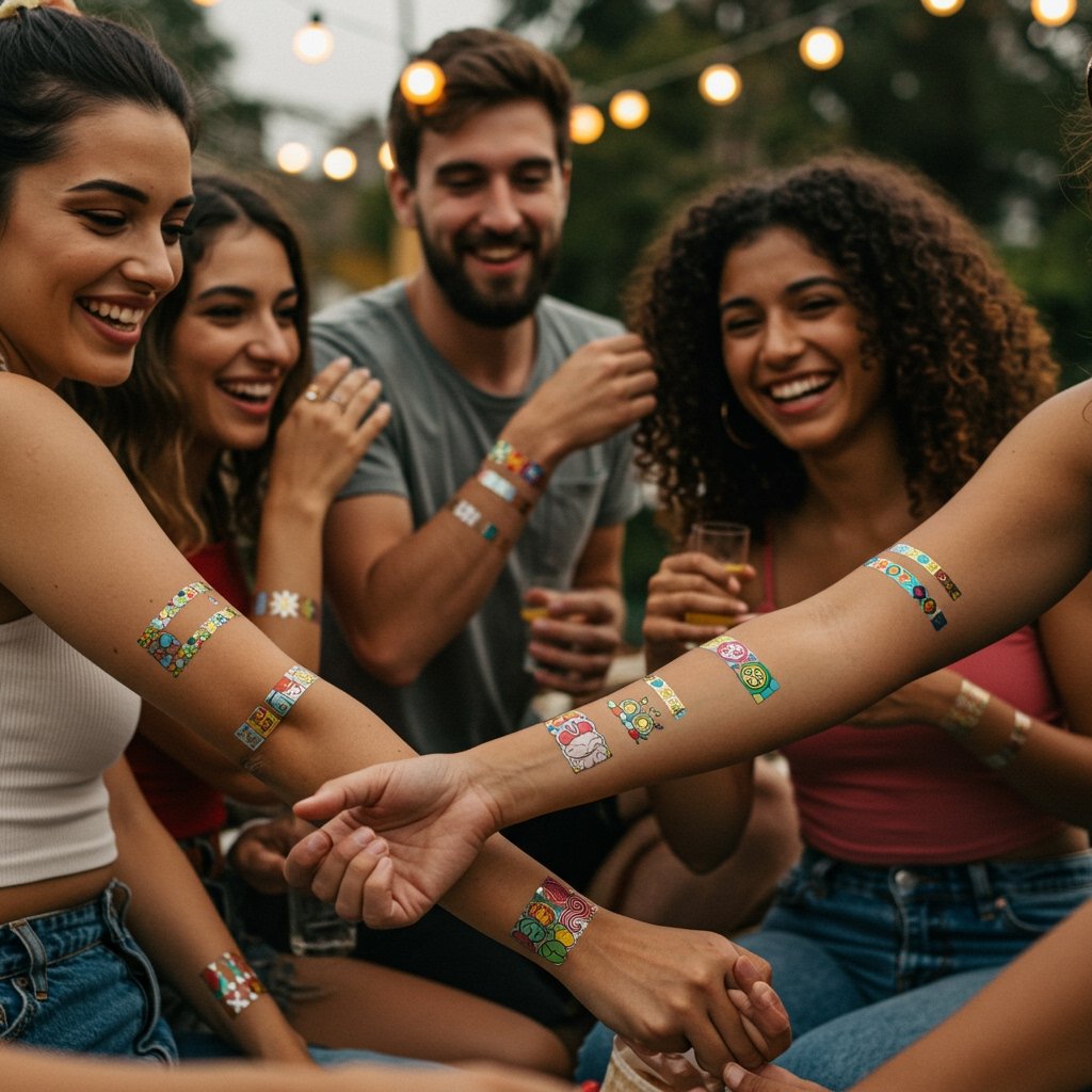 Group Party Tattoos - matching temporary temporary tattoos for friends matching temporary temporary tattoos for friends; group temporary temporary tattoo ideas; custom party temporary tattoos - Diverse friends happily displaying vibrant matching temporary temporary tattoos at a party.