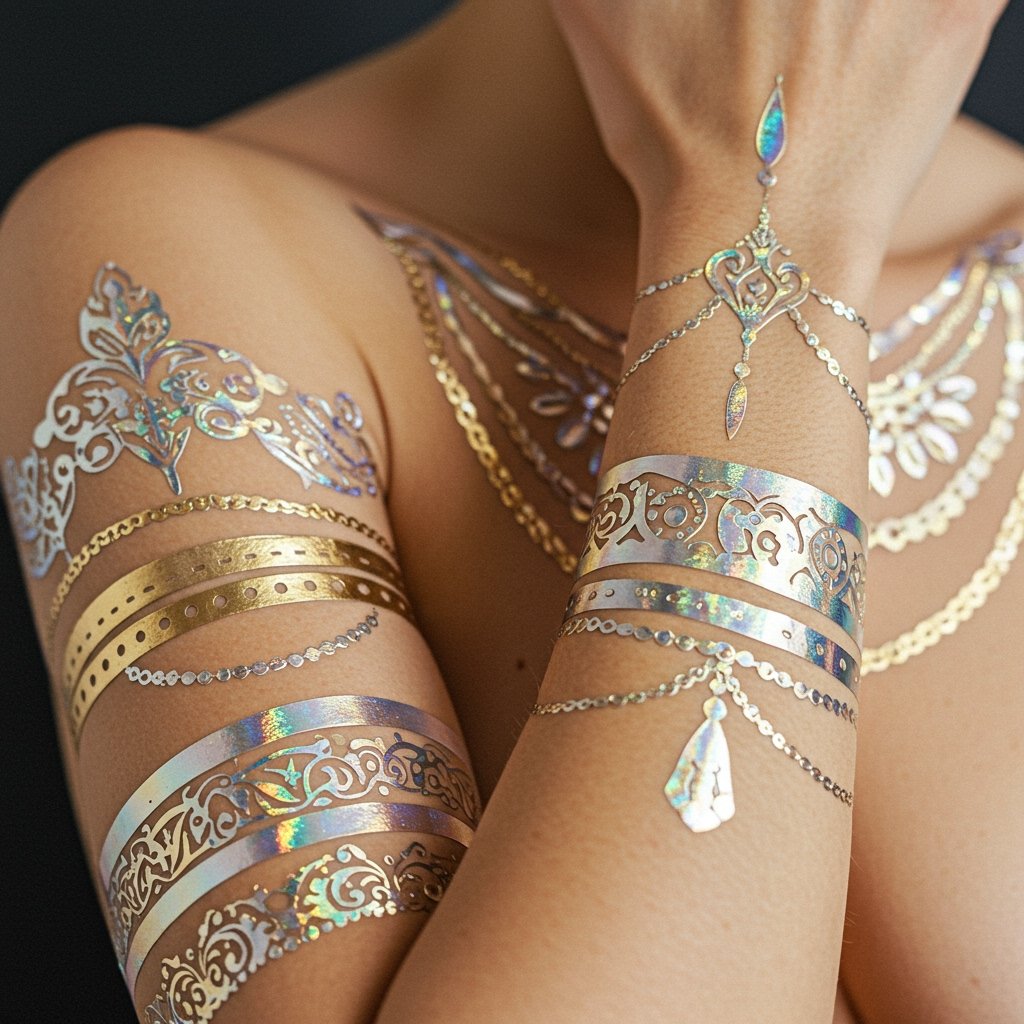 Metallic Jewelry Style Temp Tattoos - temporary temporary tattoo trends 2025 temporary temporary tattoo trends 2025; festival temporary tattoo trends; trending temporary temporary tattoo designs - close-up of skin adorned with shimmering metallic jewelry-style temporary temporary tattoos in gold, silver, rose gold, and iridescent.