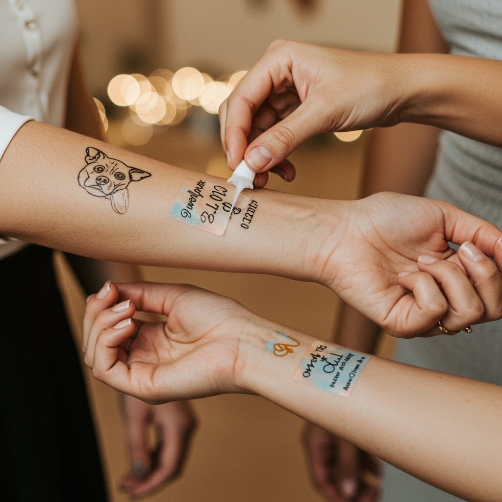 Custom Event Tattoos for Bachelorette, Wedding, Party Favors bachelorette party temporary temporary tattoos; wedding temporary temporary tattoos custom; event party favor temporary tattoos - Close-up of hands showcasing vibrant custom designs like a pet's face and a wedding date on forearms.
