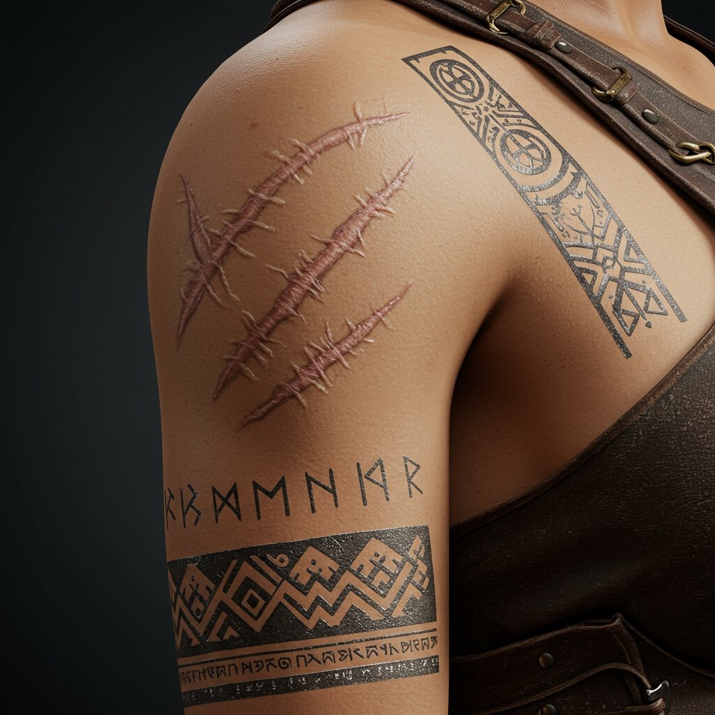 Realistic Scar & Tribal Tattoos - temporary temporary tattoos for cosplay Temporary temporary tattoos for cosplay; costume temporary temporary tattoos; cosplay temporary tattoo ideas - Realistic healed scar and symmetrical tribal designs on skin for dramatic looks.