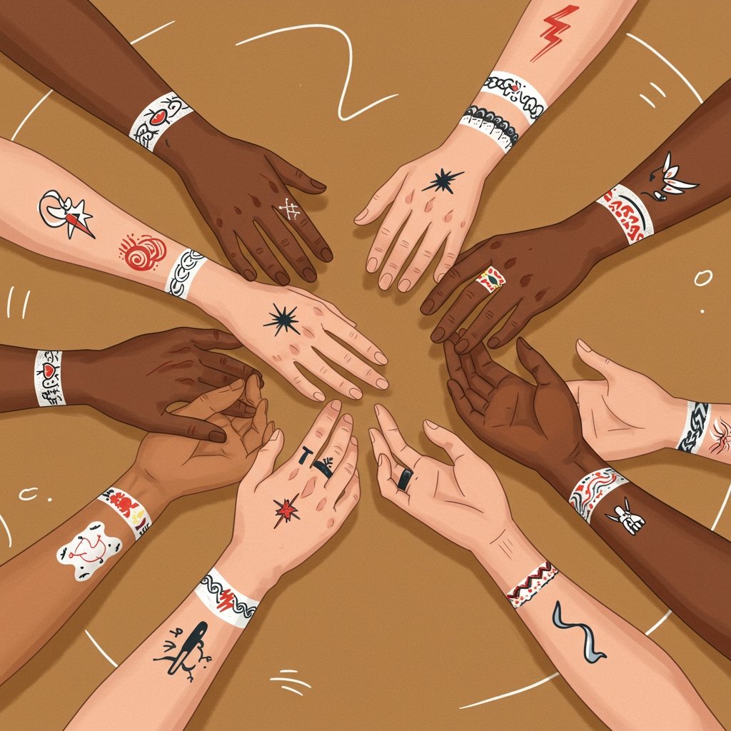 Self-expression Temporary Tattoos - Diverse Designs self-expression temporary temporary tattoos; meaningful temporary temporary tattoo ideas; express yourself temporary tattoos - Vibrant illustration of diverse hands with unique graphic, custom, and abstract temporary ink designs.