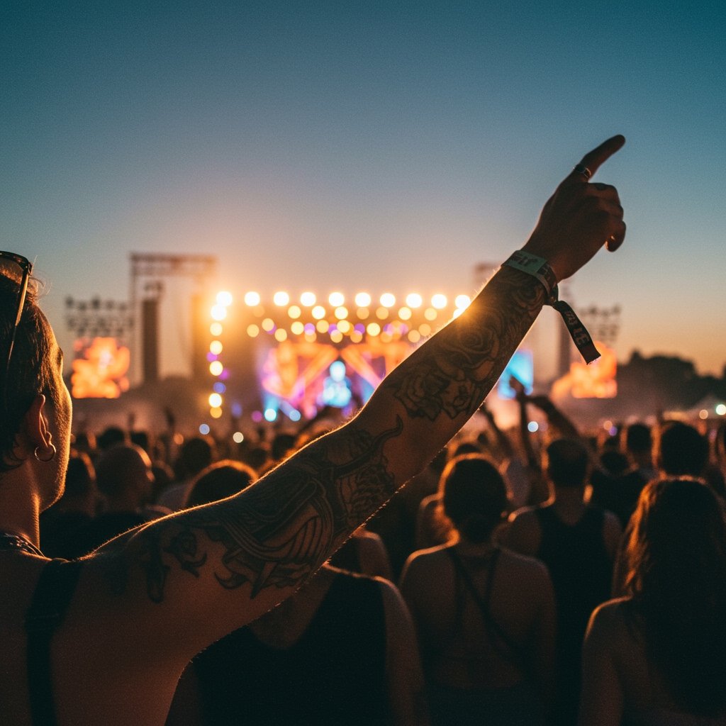 Festival Tattoo Longevity - Semi-Permanent vs Temporary semi permanent vs temporary temporary tattoos; festival temporary tattoo longevity; temporary temporary tattoo vs Inkbox - Vibrant festivalgoer displays a crisp semi-permanent forearm temporary tattoo at a music festival.