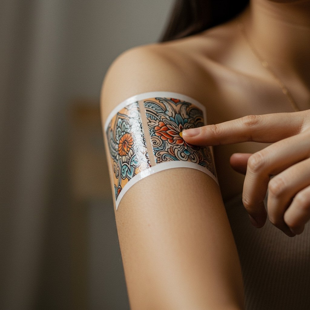 Temporary Tattoo Detail - Fashion Accessories Style temporary temporary tattoos fashion accessories; style outfits with temporary temporary tattoos; temporary tattoo outfit ideas - Close-up detail of a vibrant temporary temporary tattoo design applied to skin under soft natural light.