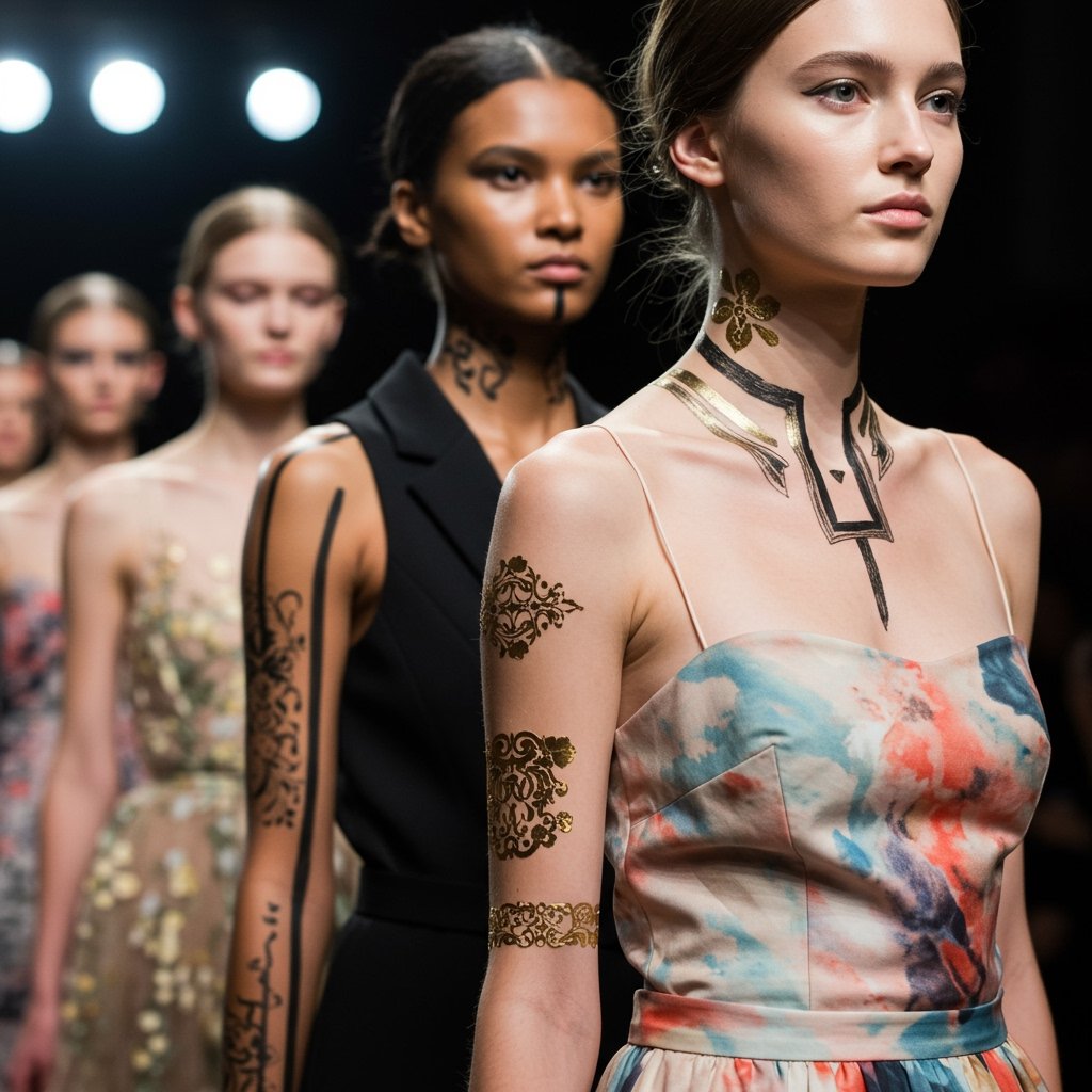 Runway Fashion with Gold Temporary Tattoos - temporary temporary tattoo trends 2025 temporary temporary tattoo trends 2025; festival temporary tattoo trends; trending temporary temporary tattoo designs - High-fashion runway model in ornate gown adorned with delicate gold filigree temporary temporary tattoos.