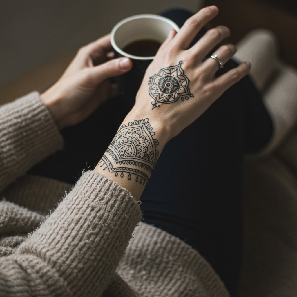 Winter Outfit with Temporary Tattoo - temporary temporary tattoos fashion accessories temporary temporary tattoos fashion accessories; style outfits with temporary temporary tattoos; temporary tattoo outfit ideas - Close-up of hand in cozy winter scene with intricate temporary wrist temporary tattoo against muted fabric.