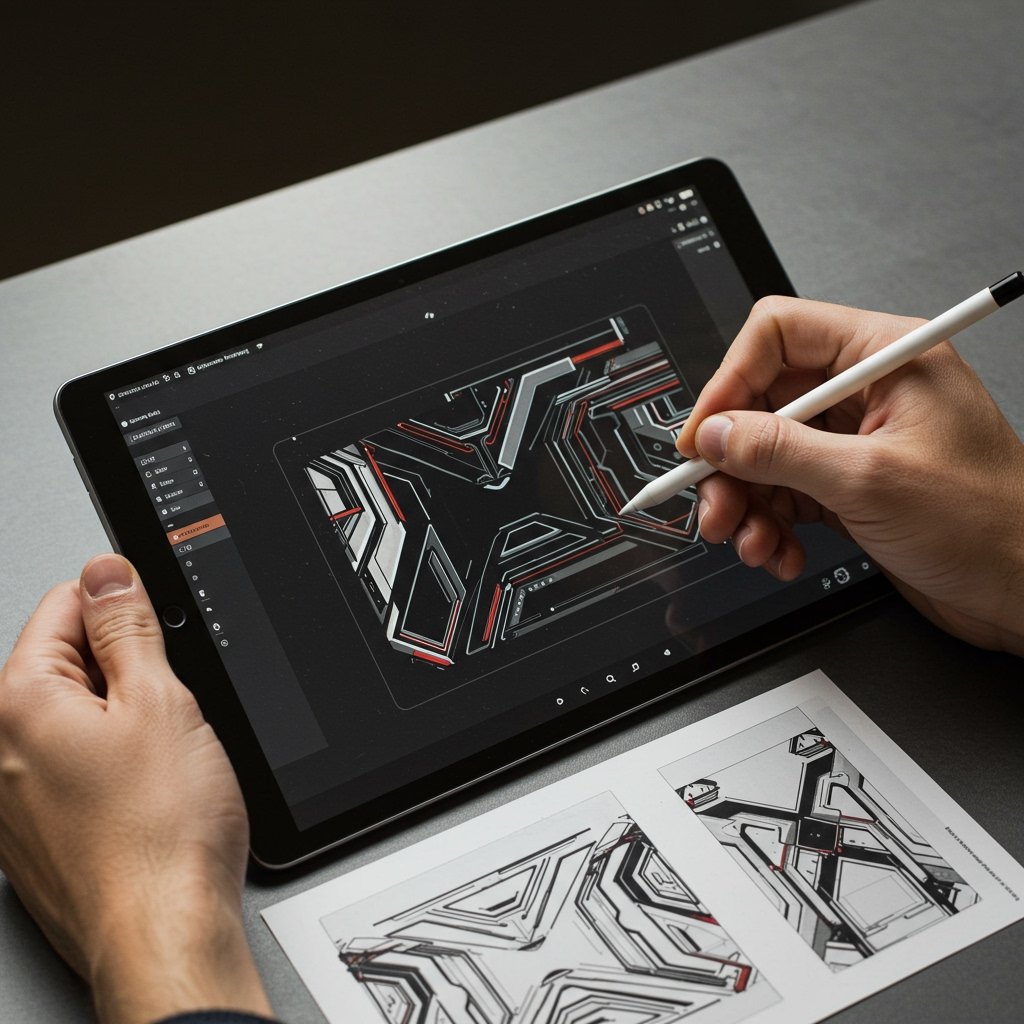 Designing Bold Masculine Temporary Tattoos - temporary temporary tattoos for men temporary temporary tattoos for men; masculine temporary temporary tattoo ideas; men temporary tattoo fashion - Man designing a bold geometric temporary temporary tattoo on a tablet with a stylus.
