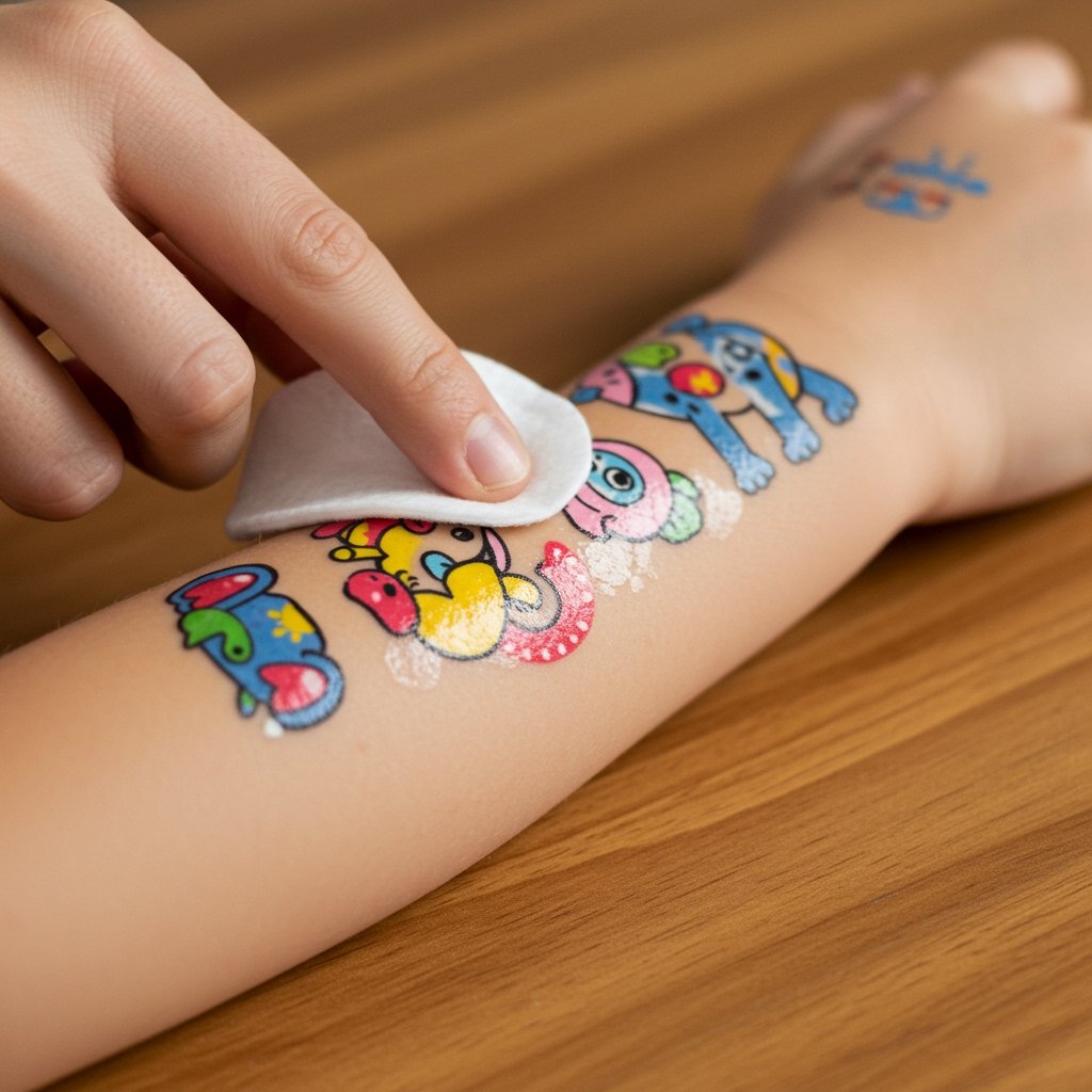 Removing Kids Festival Temporary Tattoo temporary temporary tattoos for kids; kids festival temporary tattoos; safe temporary temporary tattoos for children - Adult hand gently removes a colorful temporary temporary tattoo from child's forearm with a cotton pad.