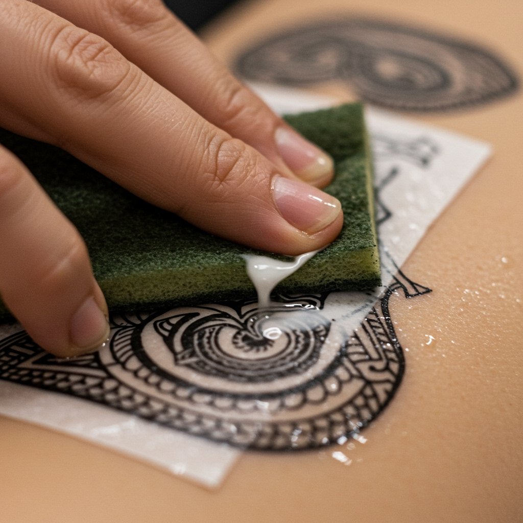 Applying Temporary Tattoo - temporary temporary tattoos for cosplay temporary temporary tattoos for cosplay; costume temporary temporary tattoos; cosplay temporary tattoo ideas - Close-up showing a hand applying a temporary temporary tattoo with a damp sponge.