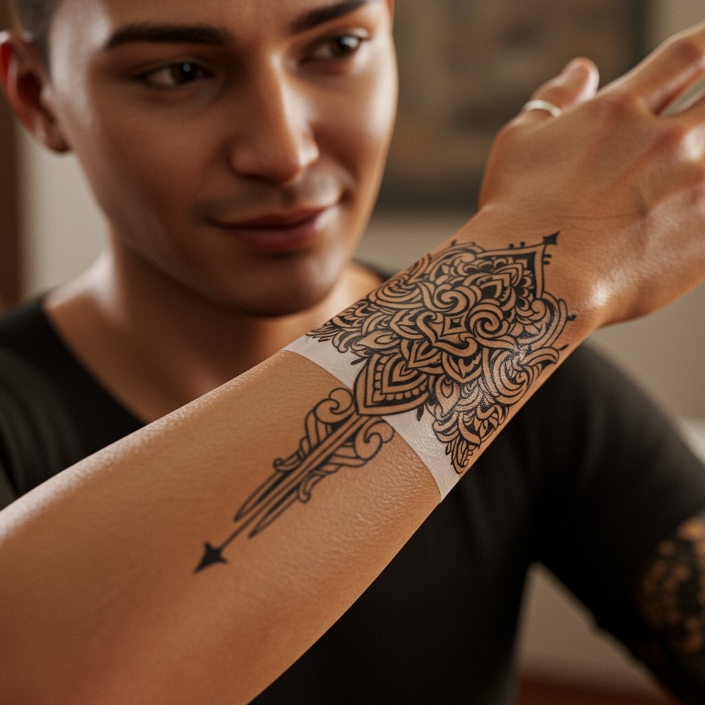 Testing a Temporary Tattoo - try before permanent try temporary tattoo before permanent; test temporary tattoo design temporary; temporary temporary tattoo trial run - Close-up shows a forearm with a detailed temporary temporary tattoo being examined.