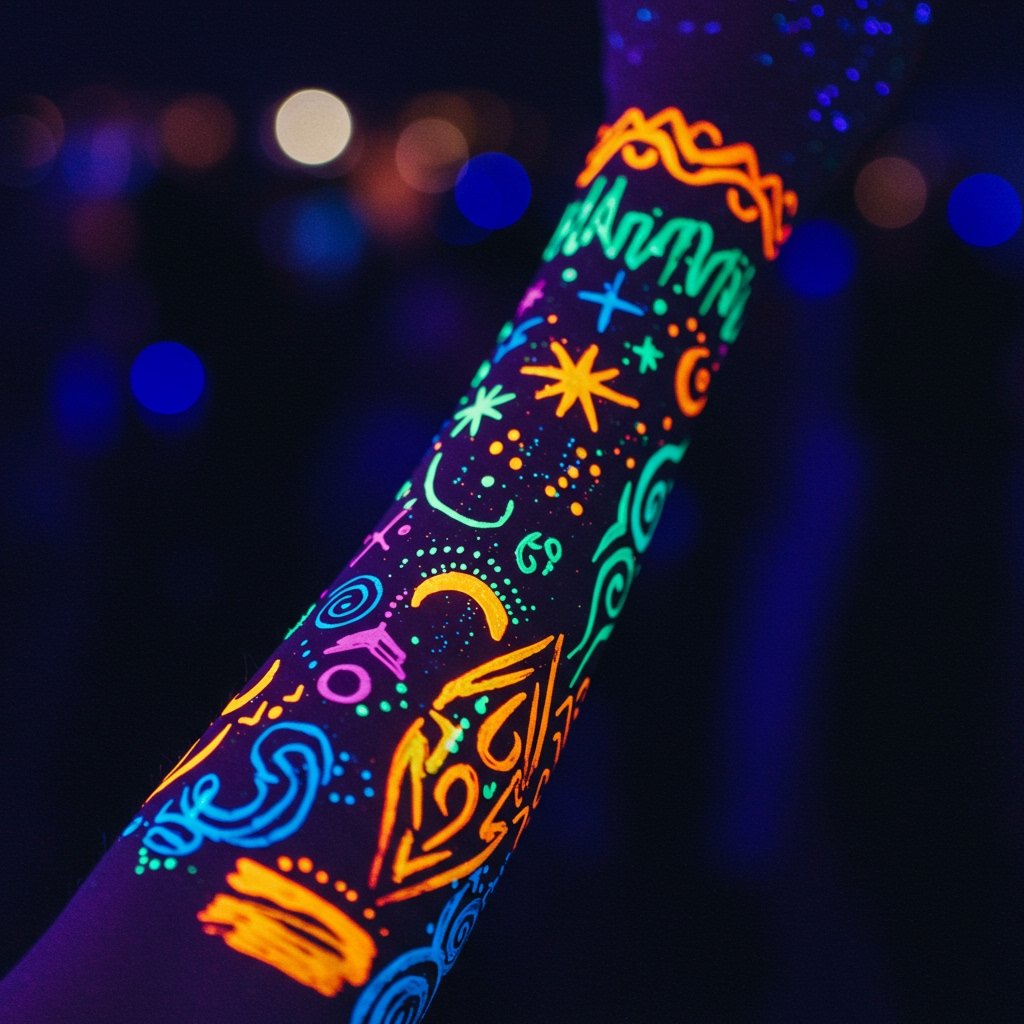 UV Blacklight Tattoos: Geometric & Psychedelic Glow UV glow temporary temporary tattoos; neon festival temporary tattoos; blacklight temporary temporary tattoos - Close-up of glowing skin with intricate geometric and psychedelic patterns under UV light.