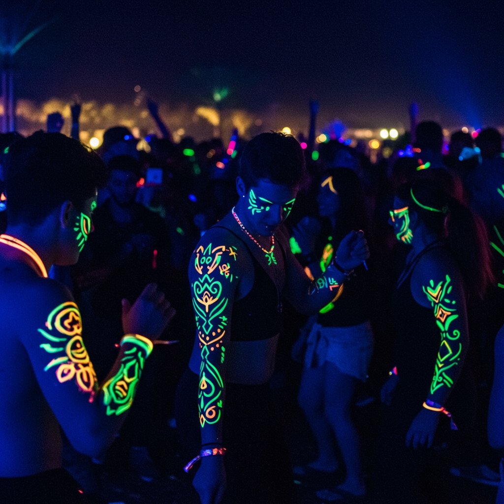Night Festival Dance with UV Tattoos - UV glow temporary temporary tattoos; neon festival temporary tattoos; blacklight temporary temporary tattoos UV glow temporary temporary tattoos; neon festival temporary tattoos; blacklight temporary temporary tattoos - Dynamic night festival scene with dancers adorned with pulsing neon body art under blacklights.